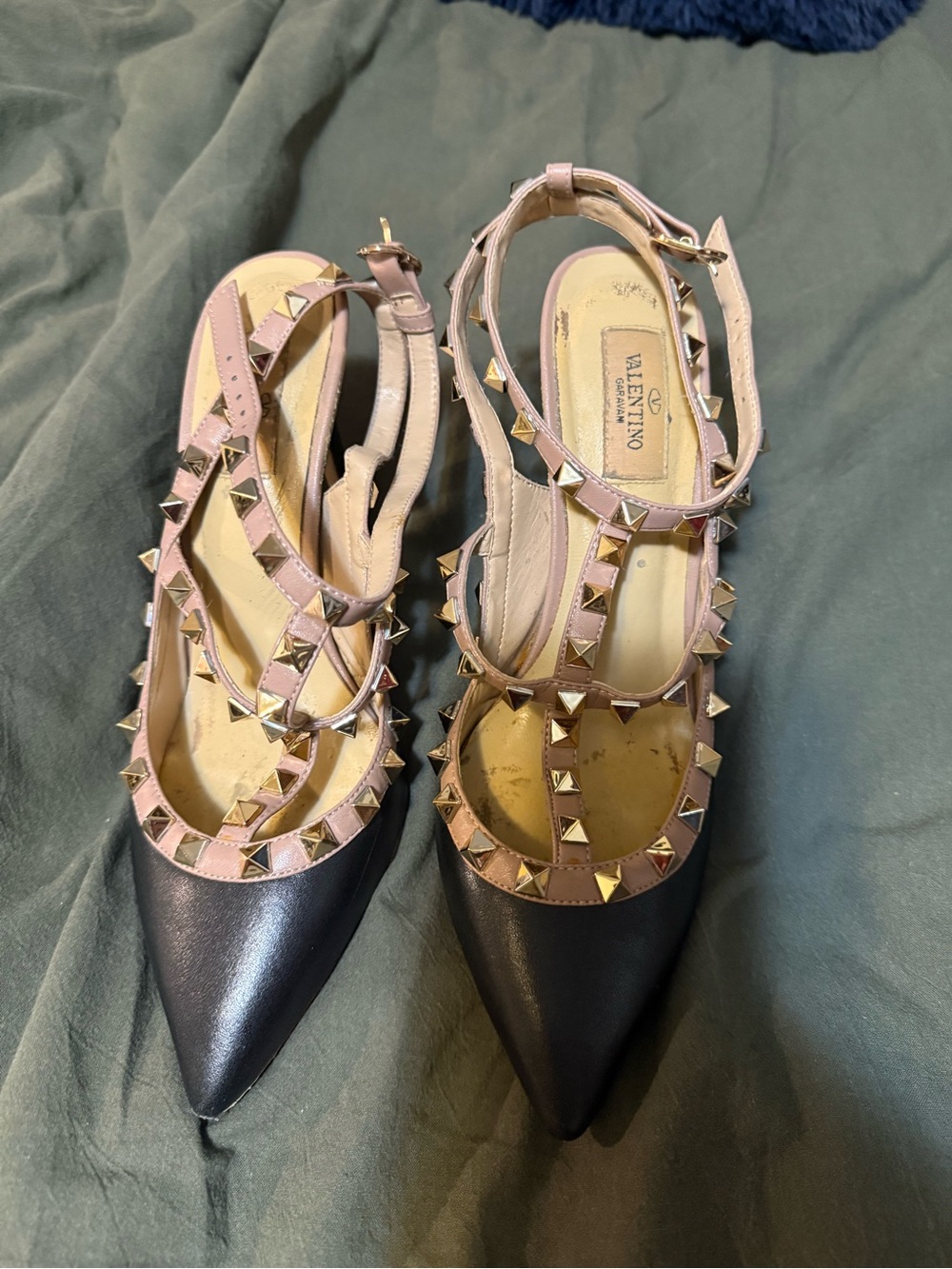 Valentino Pink-Trim Black Pointed Rockstud Slingback Flats